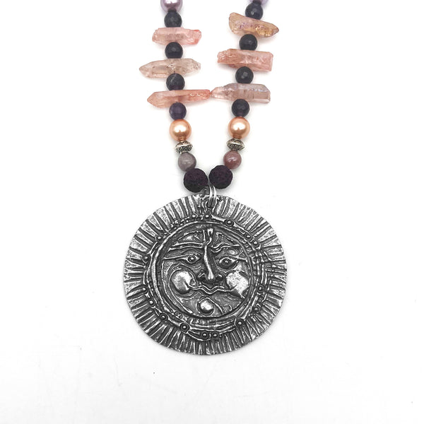 One of a Kind Quartz Crystals Beaded Sun Necklace