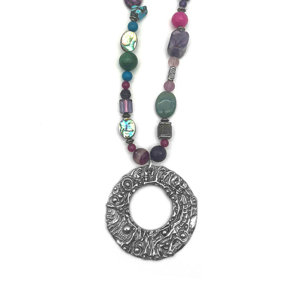 One of a Kind Multicolored Gemstones Beaded Disc Necklace