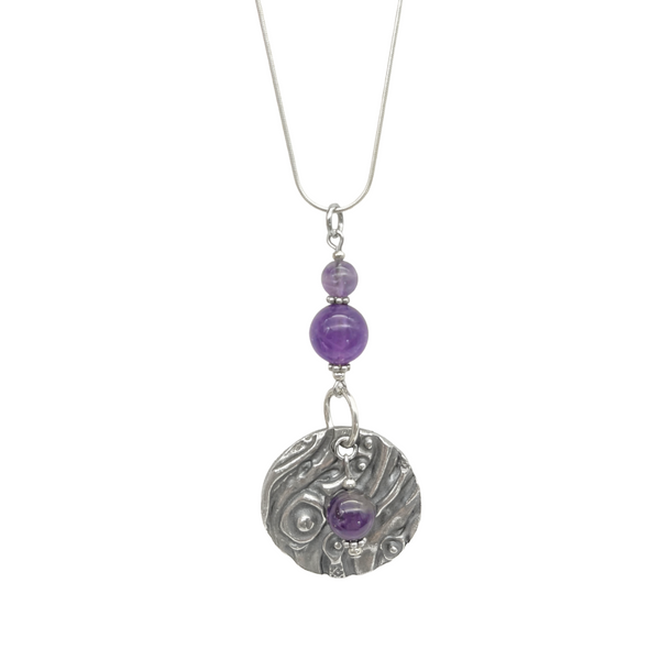 Artistic Preservation Pewter Round & Purple Crystals Necklace