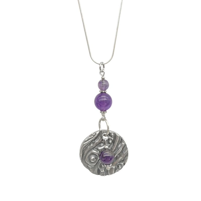 Artistic Preservation Pewter Round & Purple Crystals Necklace