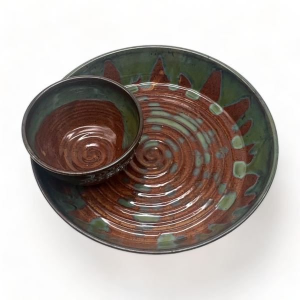 Twice Baked Pottery - Chip & Dip with Detached Bowl, Emerald/Shino