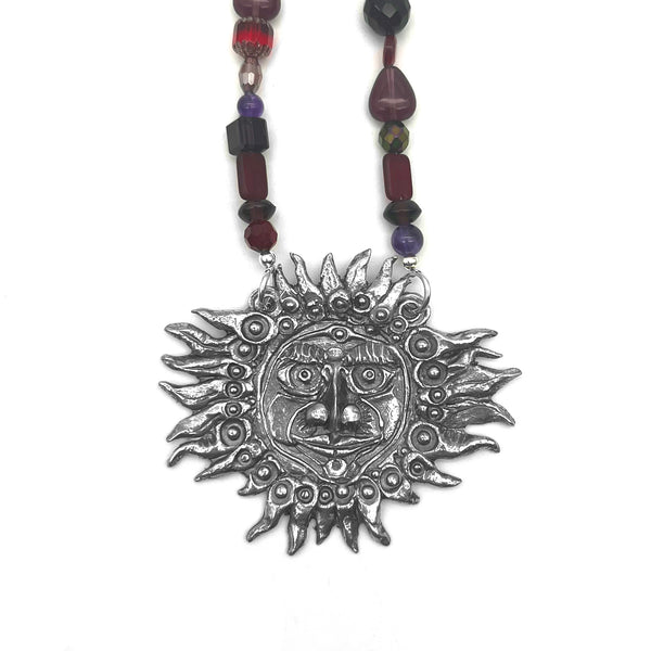 One of a Kind Amethyst & Red Beaded Sun Necklace
