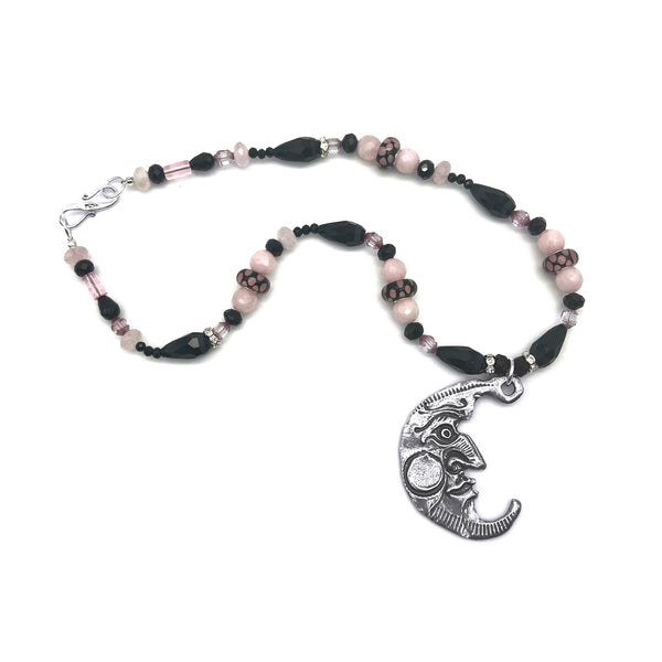 One of a Kind Pink & Black Beaded Moon Necklace