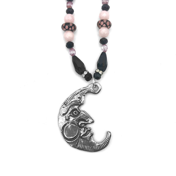 One of a Kind Pink & Black Beaded Moon Necklace