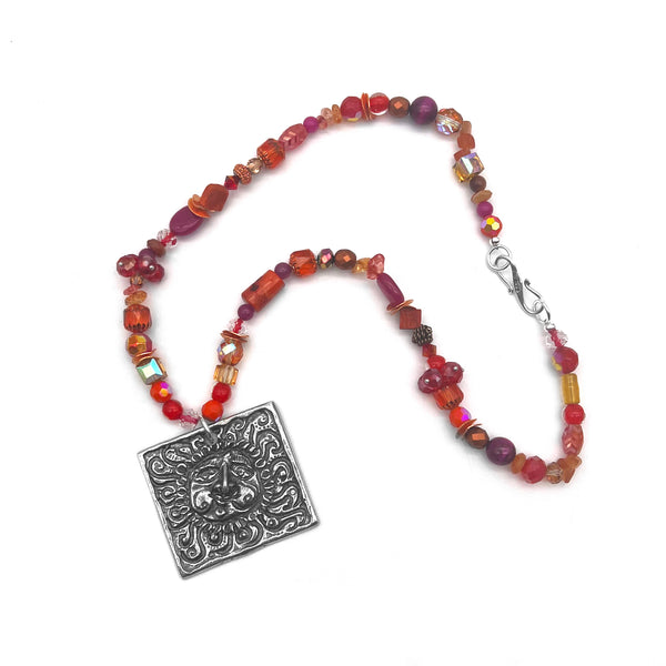 One of a Kind Coral Beaded Square Sun Necklace