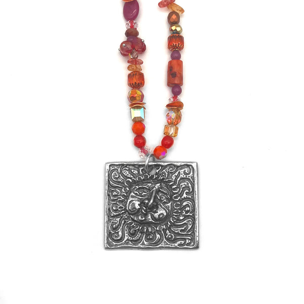 One of a Kind Coral Beaded Square Sun Necklace