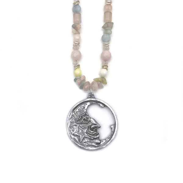 One of a Kind Pastel Beaded Moon & Star Necklace