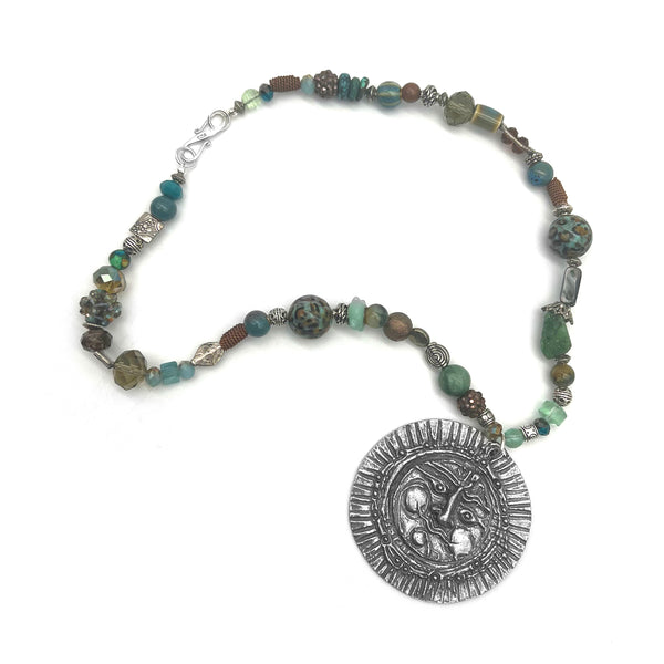 One of a Kind Blue & Green Beaded Sun Necklace
