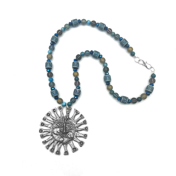 One of a Kind Blues Beaded Sun Necklace