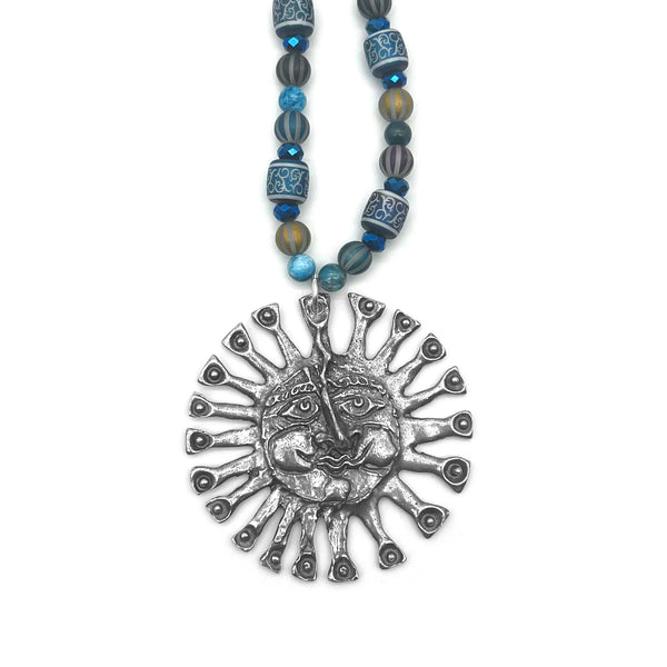 One of a Kind Blues Beaded Sun Necklace