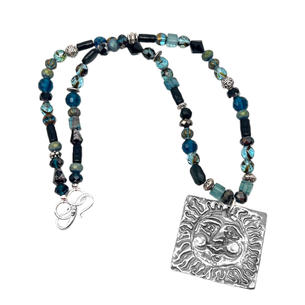 One of a Kind Blue & Black Beaded Sun Necklace