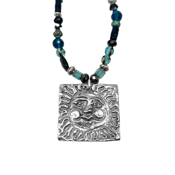 One of a Kind Blue & Black Beaded Sun Necklace