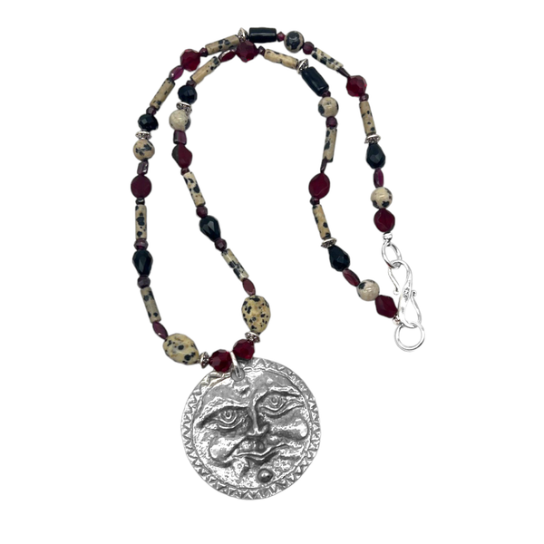 One of a Kind Garnet & Dalmation Jasper Beaded Sun Necklace