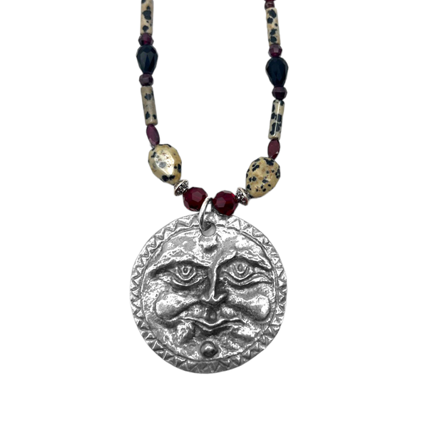 One of a Kind Garnet & Dalmation Jasper Beaded Sun Necklace