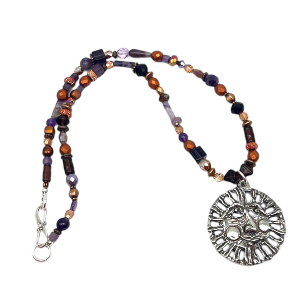 One of a Kind Copper & Amethyst Beaded Sun Necklace