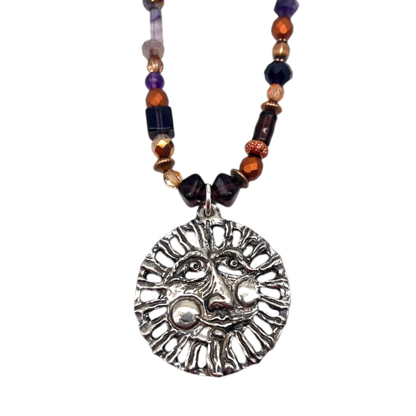 One of a Kind Copper & Amethyst Beaded Sun Necklace