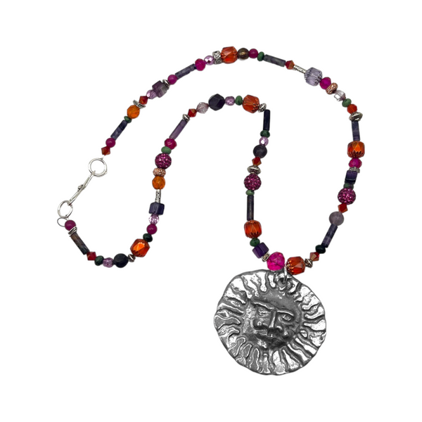 One of a Kind Ruby Zoisite & Amethyst Beaded Sun Necklace