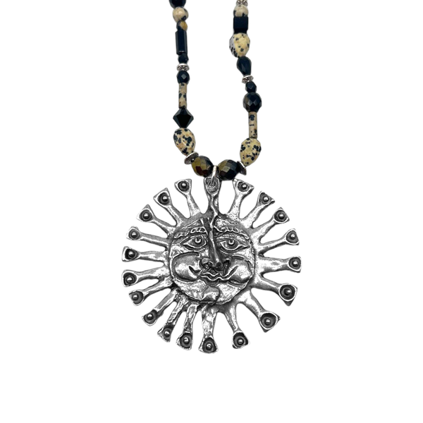 One of a Kind Dalmation Jasper & Black Onyx Beaded Sun Necklace