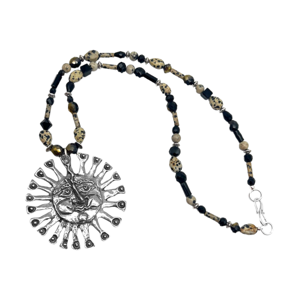 One of a Kind Dalmation Jasper & Black Onyx Beaded Sun Necklace