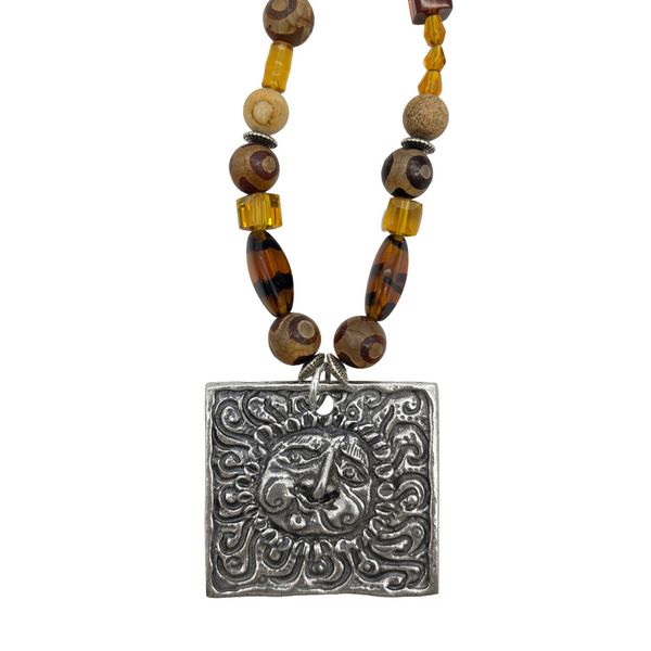 One of a Kind Painted Agate Beaded Square Sun Necklace