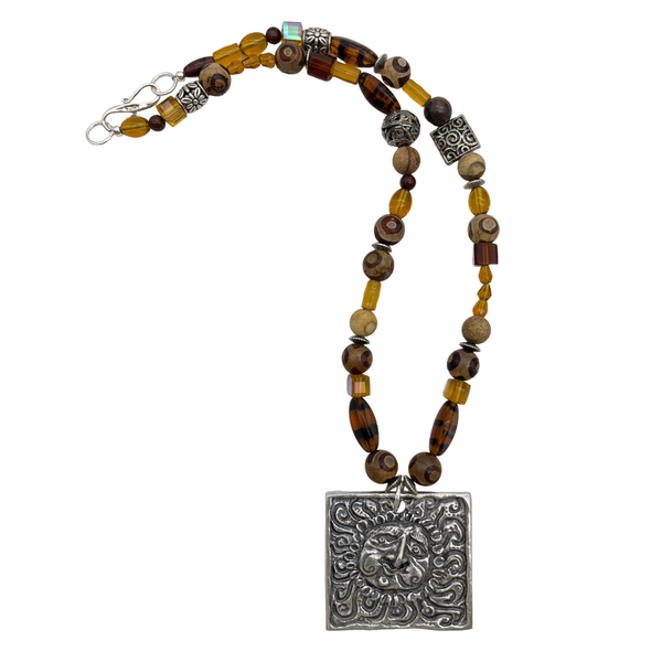 One of a Kind Painted Agate Beaded Square Sun Necklace