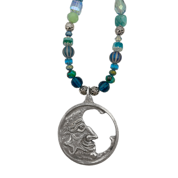 One of a Kind Mixed Bead Moon with Star Necklace
