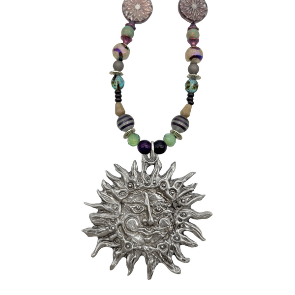 One of a Kind Lava Stone and Amethyst Beaded Sun Necklace