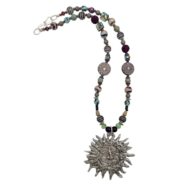 One of a Kind Lava Stone and Amethyst Beaded Sun Necklace
