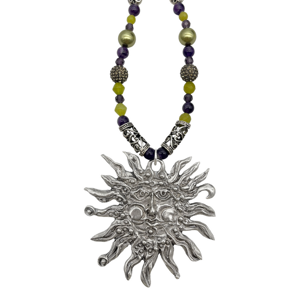 One of a Kind Amethyst and Lemon Jade Beaded Sun Necklace