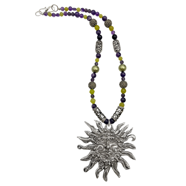 One of a Kind Amethyst and Lemon Jade Beaded Sun Necklace
