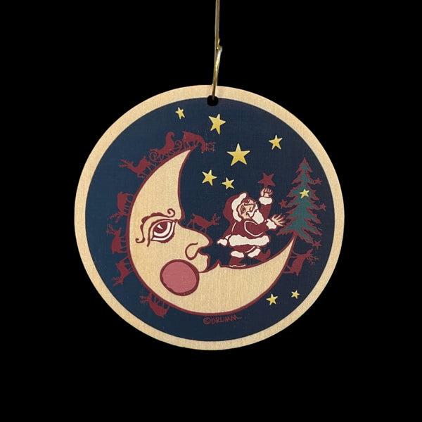 Don Drumm Santa on Crescent Moon Wood Ornament