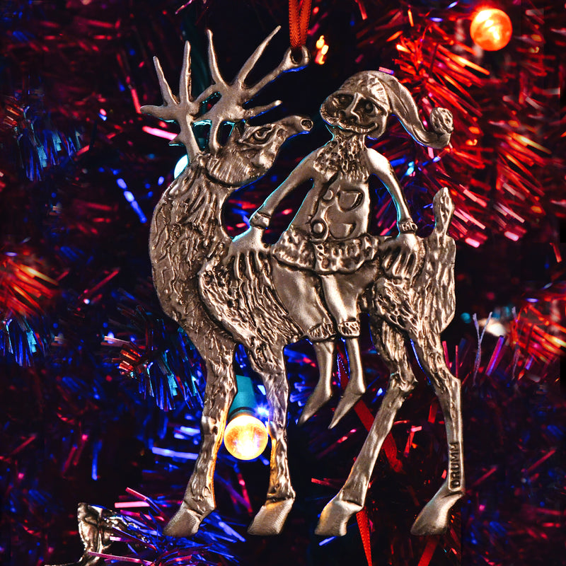 Pewter Santa Sitting on a Reindeer, Pewter Ornament by Don Drumm