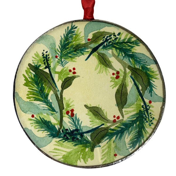 Jessica Olin Watercolor Under Glass Pine Wreath Ornament